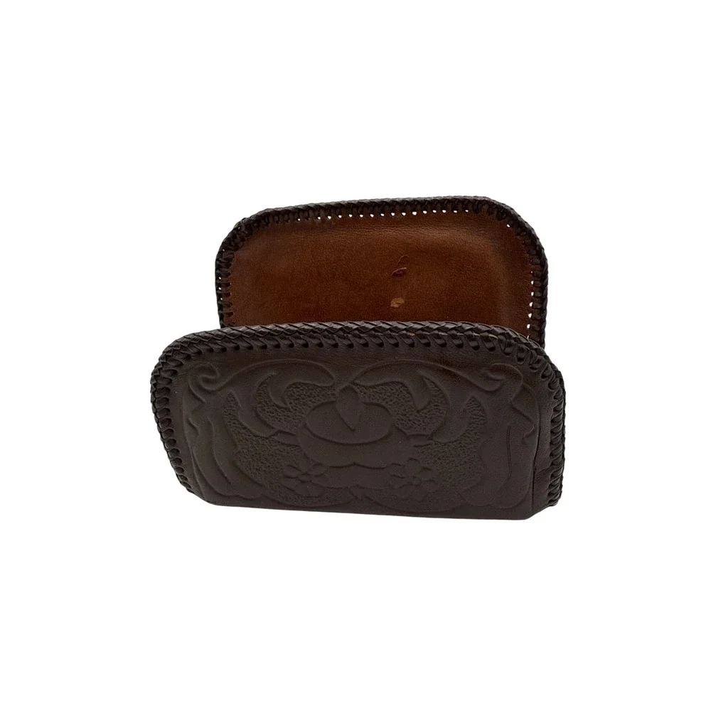 Vintage Tooled Leather Napkin Holder Brown Whipstitch Mail Letter Organizer